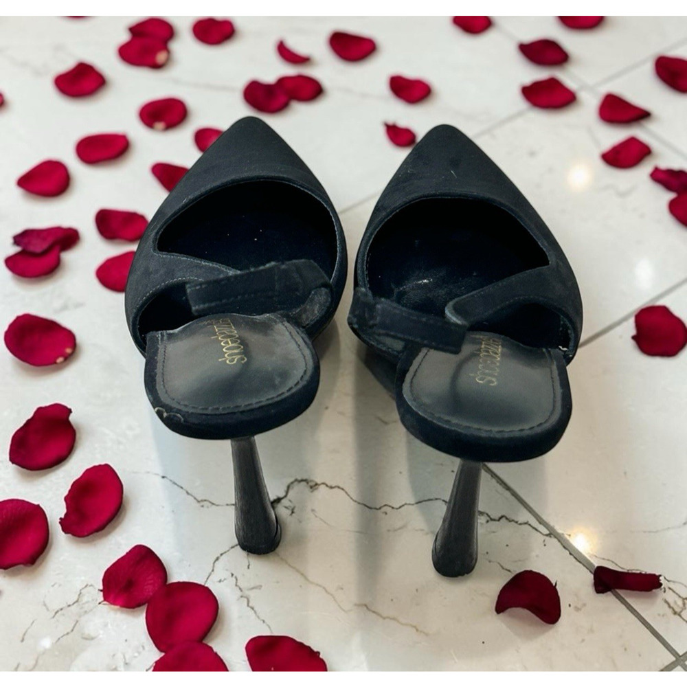 Shoe Dazzle Black Brit Sling-Back Flared Pump Heels Sz 8 Faux Suede 4" Heel - Picture 7 of 8